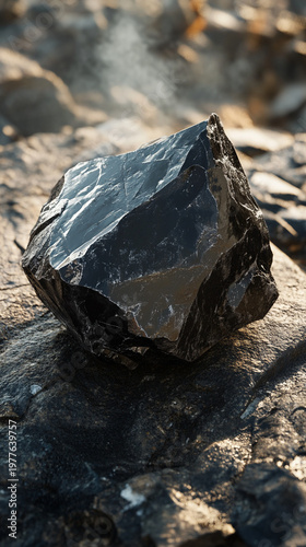 Black obsidian crystal resting on dark textured rock surface  