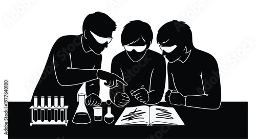 Three scientists researchers in lab coats and masks studying experiment results in laboratory setting with test tubes and equipment