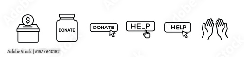 Charity and donation line icons set featuring donation box money jar donate and help button with praying hands and more vector illustration with editable stroke.