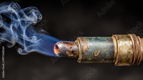 Smoke curls from the nozzle of a metal welding torch.