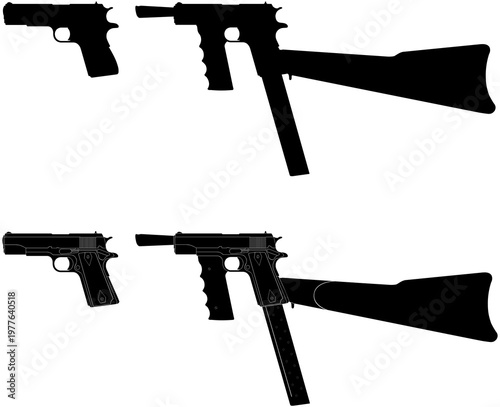 Colt m1911 Pistol silhouette set with and without attachments monochrome pictogram vector illustration