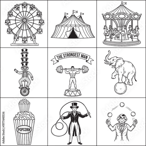 Vintage circus illustrations featuring a ferris wheel big top tent carousel strongman juggler elephant popcorn and ringmaster perfect for nostalgic entertainment themes and retro