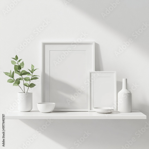 Minimalist shelf decor with white frames, plants, and ceramic items  