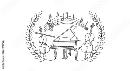 Classical Music Ensemble: Piano, Violins, and Musical Notes Wreath