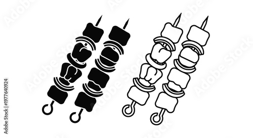 Three metal skewers with grilled food pieces presented as a black silhouette