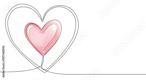 A delicate pink heart drawn with a single continuous line inside a larger outlined heart on a white background