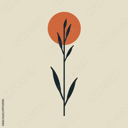 A simple botanical illustration of a dark, stylized floral sprig with leaves, set against a warm terracotta circle on a light beige background. It is a minimalist composition, with copy space.