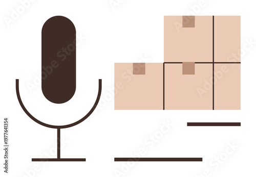 Podcasting, logistics, e-commerce, audio streaming, online businesses, delivery services. Minimalist microphone and stacked boxes. Podcasting and logistics conceptual