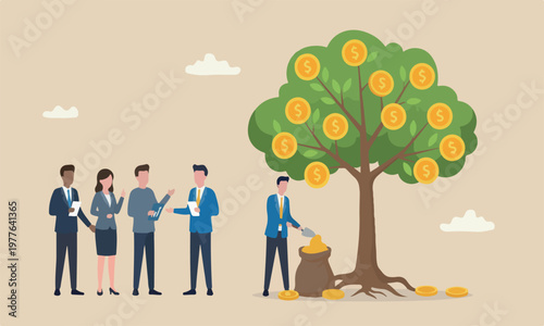 Harvest investing meeting teams together concept, businessman harvesting dollar coin from growing money tree