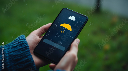 Person holding smartphone displaying weather app with rain and umbrella  