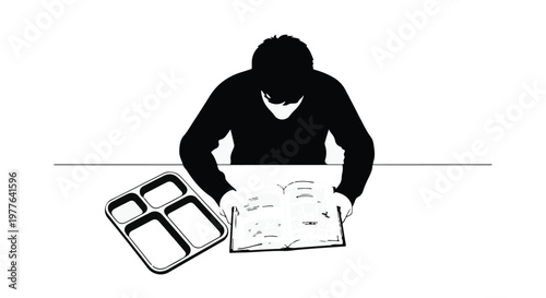 Silhouette of a student reading a book while eating in a cafeteria
