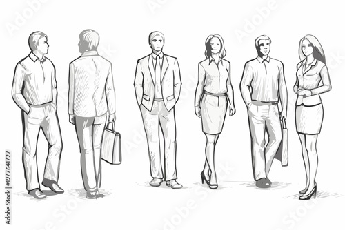 A group of six professionally dressed individuals walking in a line