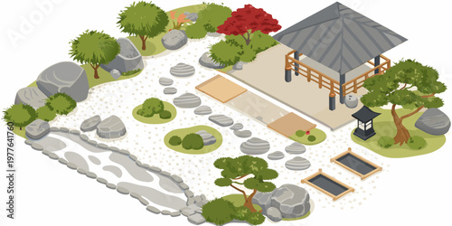 Isometric view of a tranquil japanese garden with a tea house