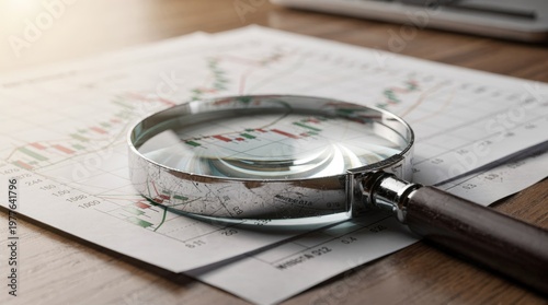 Magnifying glass over financial charts, representing market analysis, data inspection, and investment strategy.