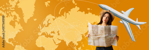 Canvastavla A woman stands holding a map in front of a large world map