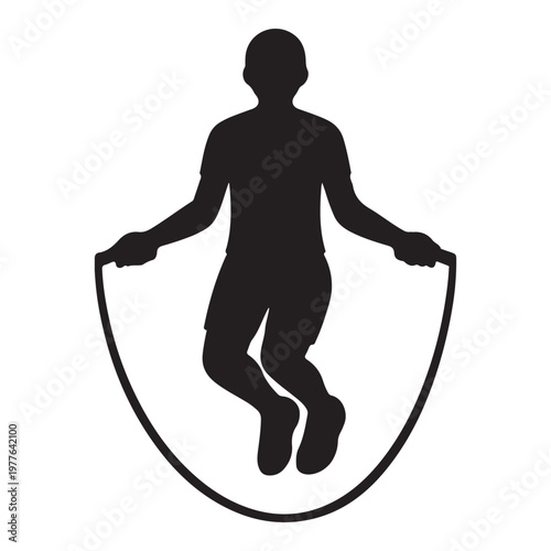 Black silhouette of a person jumping rope on a white background representing fitness and health.