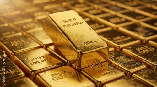 Shiny gold bullion bars background, luxury wealth, safe haven investment and financial stability concept
