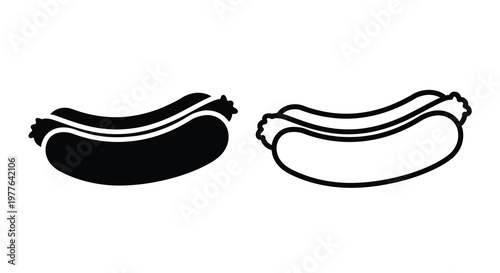 Two hot dogs presented in contrasting color schemes a black silhouette