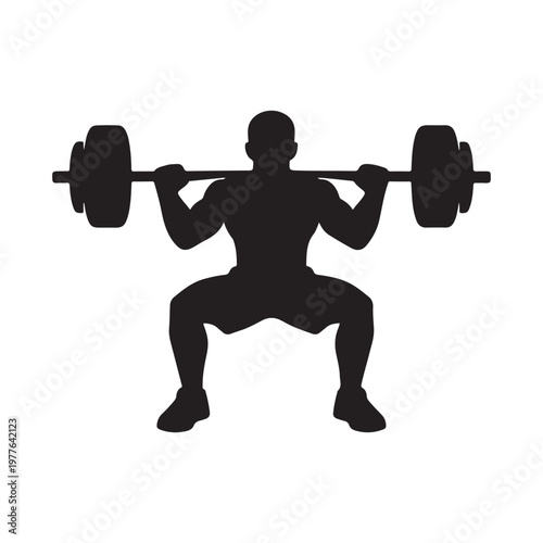 Silhouette of a muscular man performing a heavy barbell back squat exercise for strength training