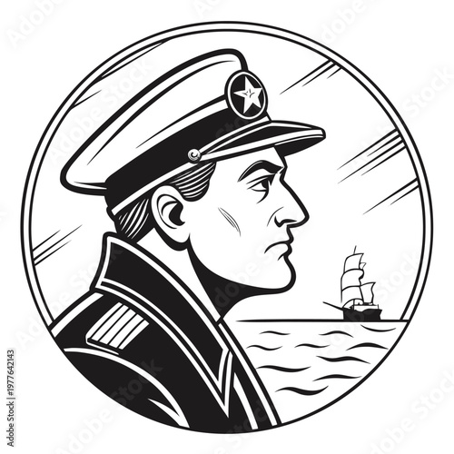 Serious naval commander in uniform contemplating a distant sailing ship on the wide ocean