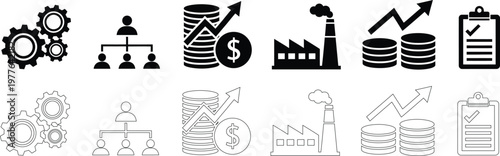 Set of black and white representing business and industry concepts: gears, hierarchy, money growth, factory, and checklist