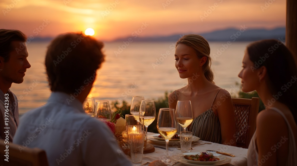 Fototapeta premium Friends share an elegant dinner at a waterfront table enjoying the warm glow of the sunset