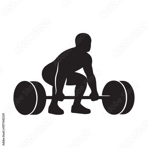 Silhouette of a weightlifter performing a deadlift with a heavy barbell on a white background.