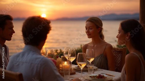 Friends share an elegant dinner at a waterfront table enjoying the warm glow of the sunset