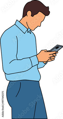 A cartoon man standing and looking at his smartphone on transparent background