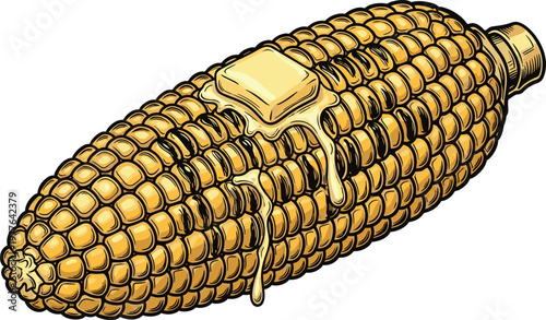 A drawing of an ear of corn with butter melting on it on transparent background