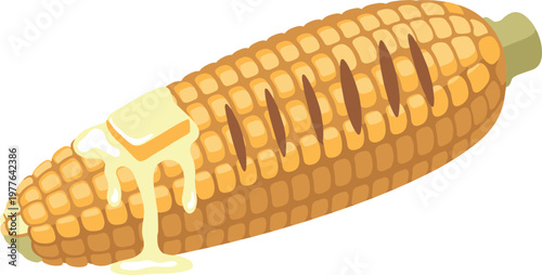 A delicious ear of corn with melted butter on transparent background