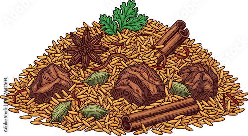 A vibrant illustration of rice and spices on transparent background