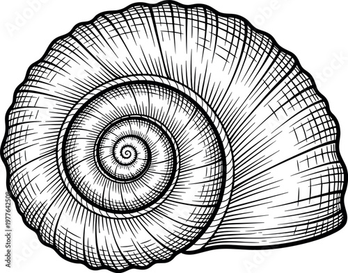 A detailed black and white illustration of a snail shell on transparent background