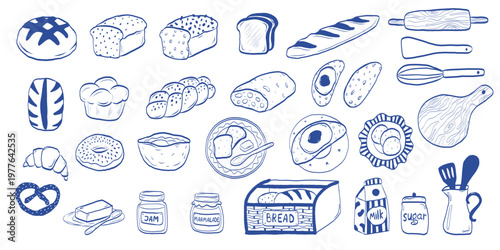 Blue Line Art Bakery and bread doodle vector set. Hand drawn illustration of pastry, baking tools, breakfast food, jam and milk