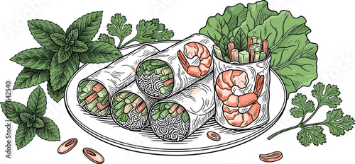 A plate of delicious shrimp spring rolls on transparent background