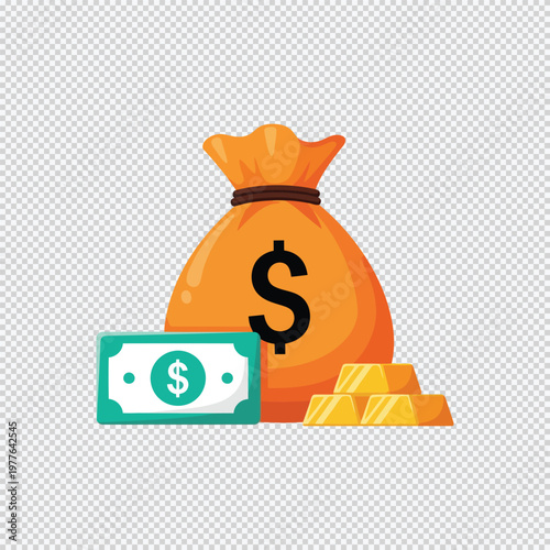 Orange money bag with dollar sign and gold bars cash currency