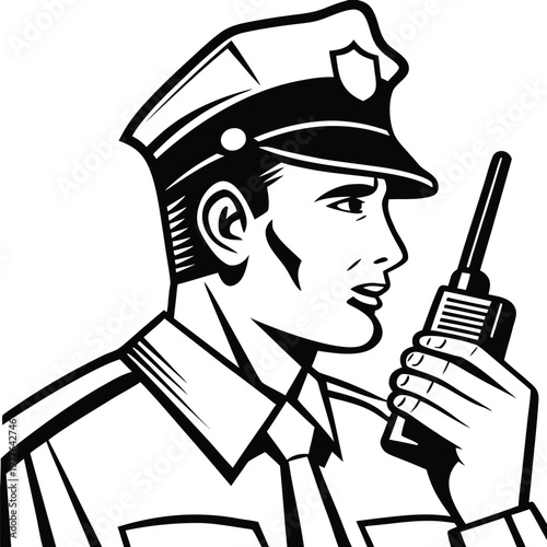 Male officer in uniform communicating via two way radio for law enforcement duties