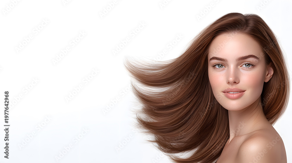 Fototapeta premium Brunette woman with windblown hair, Studio portrait on light background, Smooth flowing hairstyle, Clean natural makeup, Fashion beauty concept, Minimal composition, Elegant commercial headshot
