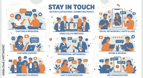 A vibrant illustration of people connecting through various forms of communication and technology in a modern setting. Editable Vector Graphics