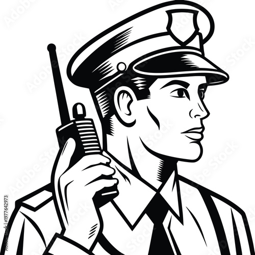 Alert Security Guard Holding a Two Way Radio for Communication