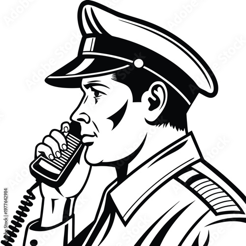 Professional Security Officer Speaking on a Two Way Radio Device in Profile View