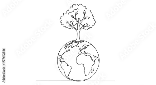 Continuous line drawing of a tree growing from planet Earth. Eco-friendly concept.