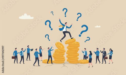 Financial bankruptcy minimal shading teams together concept, businessman investor falling from stack of unstable money coins