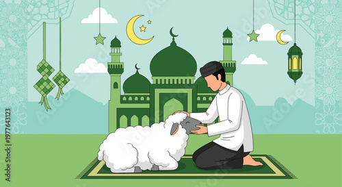 Muslim man petting sheep in front of mosque during Eid al-Adha celebration, cultural Islamic holiday vector illustration.