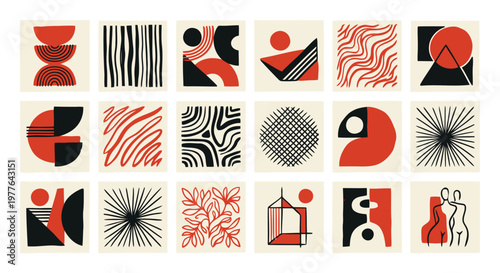 Mid-Century Modern Abstract Geometric Art Elements Set with Red Black and White Shapes for Minimalist Design Projects and Branding in High Quality Editable Vector File