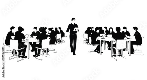 Silhouettes of a large group of people working in a busy office or coworking space