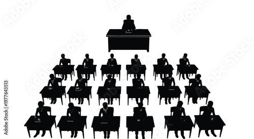 Silhouette of a professor or proctor overseeing a large group of students at desks