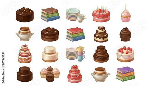 3D birthday cake vector set in grid layout with strawberry chocolate desserts and candles isolated on white