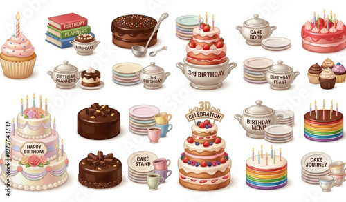 3D birthday cake vector set with strawberry chocolate desserts candles and icing isolated on white
