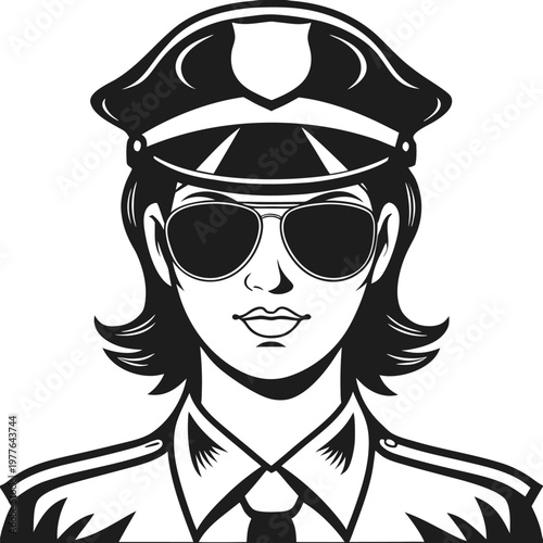 Professional Female Police Officer Wearing Sunglasses and Official Uniform Looking Ahead